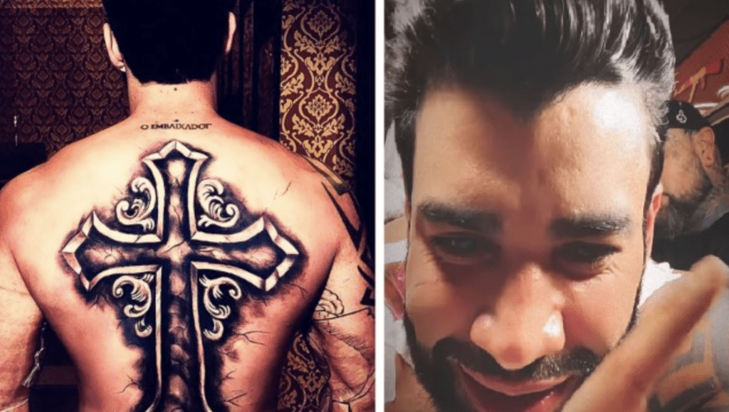 Tatuagens do cantor sertanejo Gusttavo Lima uma cruz nas costas